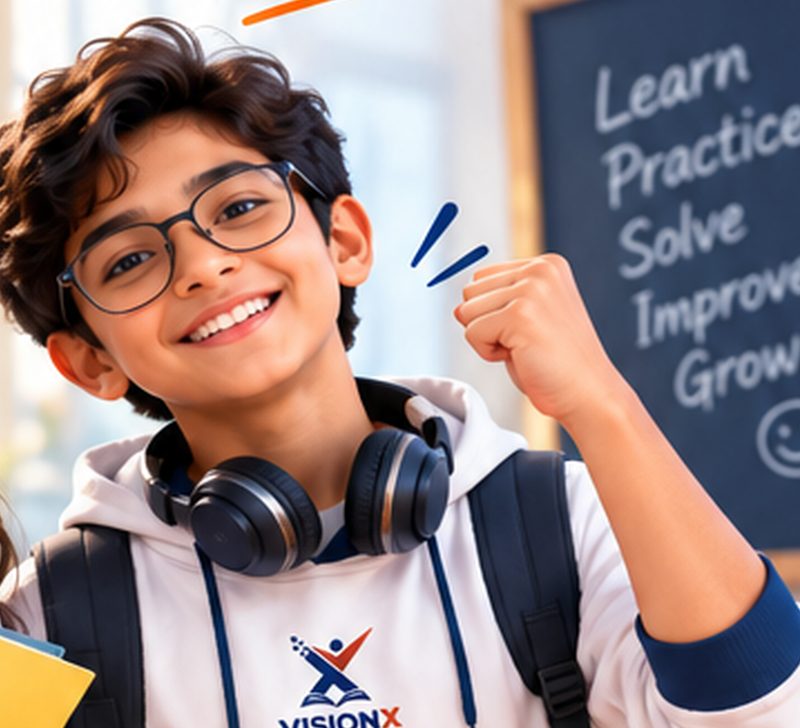 A schoolboy with glasses and headphones, smiling with a raised fist