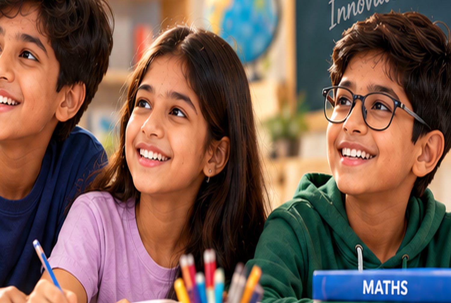Three students looking up attentively during a lesson, with pencils and a maths textbook on the desk