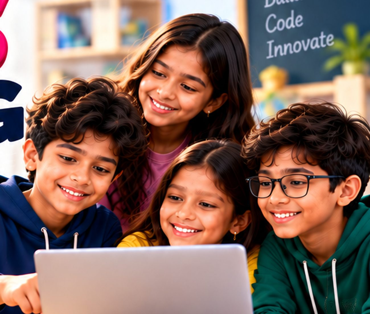 Four Indian students huddled around a laptop, smiling as they solve a problem together